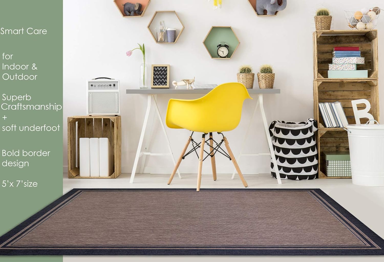 Gertmenian Indoor/Outdoor Flatweave Area Rug - 5x7 Standard, Stain & UV Resistant, Ideal For Deck, Patio, Poolside, Mudroom - Simple Border, Black Tan, 21490