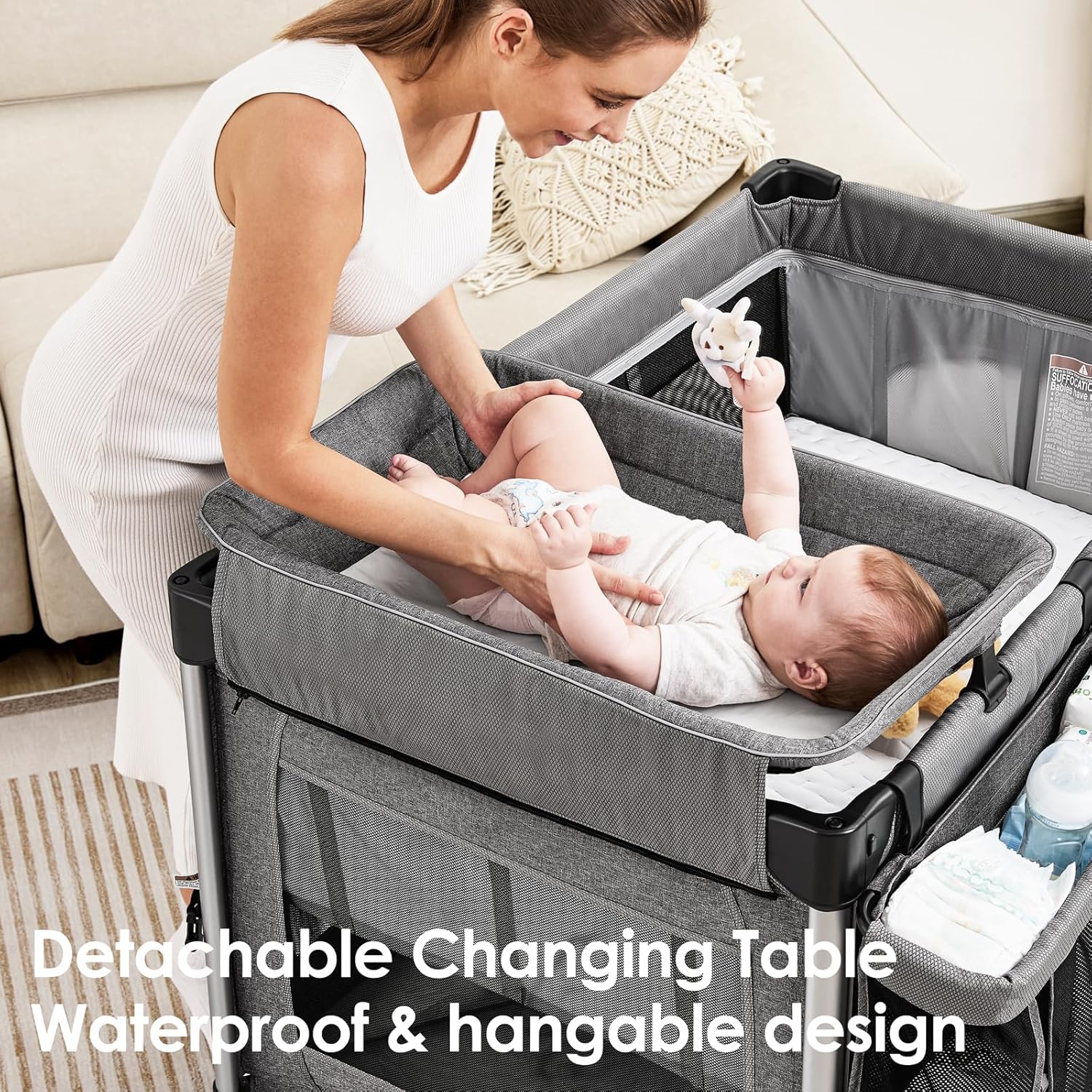 4-in-1 Baby Bassinet with Mattress - One-Push Setup Playard - Bedside Crib with Diaper Changer from Newborn to Toddler (Grey)