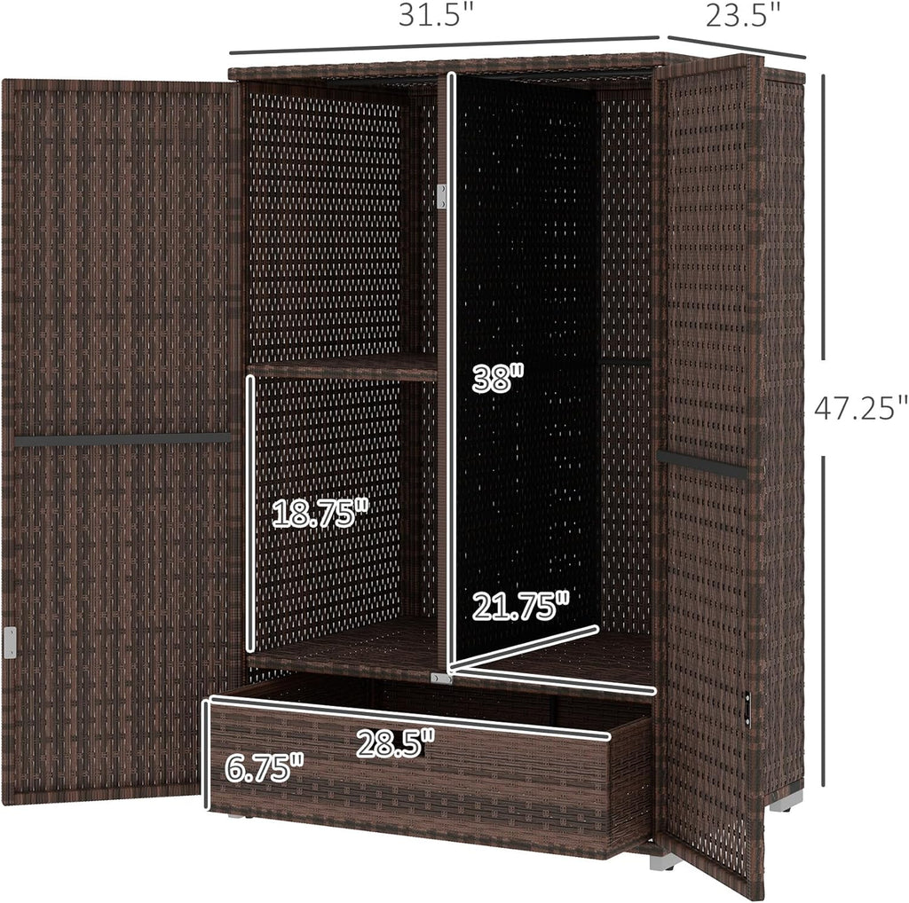 Outsunny Wicker Outdoor Storage Cabinet with Shelves, 2-Door Rattan Pool Towel Storage Cabinet with Removable Shelf & Drawer, Outdoor Towel Holder for Garden, Backyard, Porch, Mixed Brown