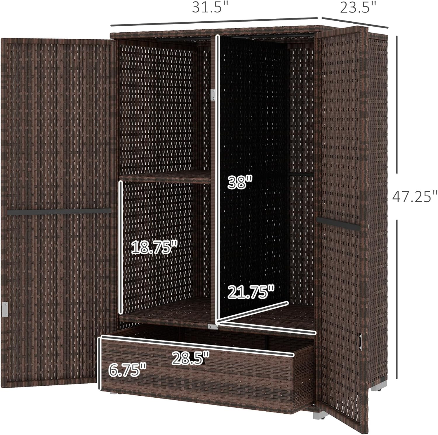 Outsunny Wicker Outdoor Storage Cabinet with Shelves, 2-Door Rattan Pool Towel Storage Cabinet with Removable Shelf & Drawer, Outdoor Towel Holder for Garden, Backyard, Porch, Mixed Brown