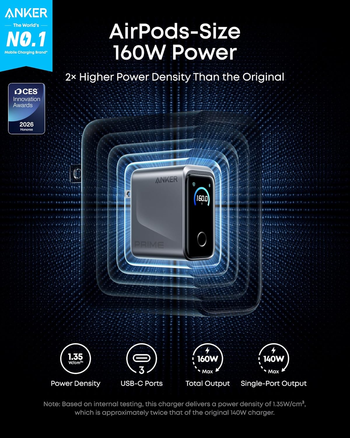 Anker Prime Charger,160W 3-Port Compact GaN USB C Charger,Smart Display and Touch Control,Up to 140W Single‑Port Fast Charging,for MacBook Pro,Laptop,iPhone 17 Series(Cable Not Included,Non-Battery)