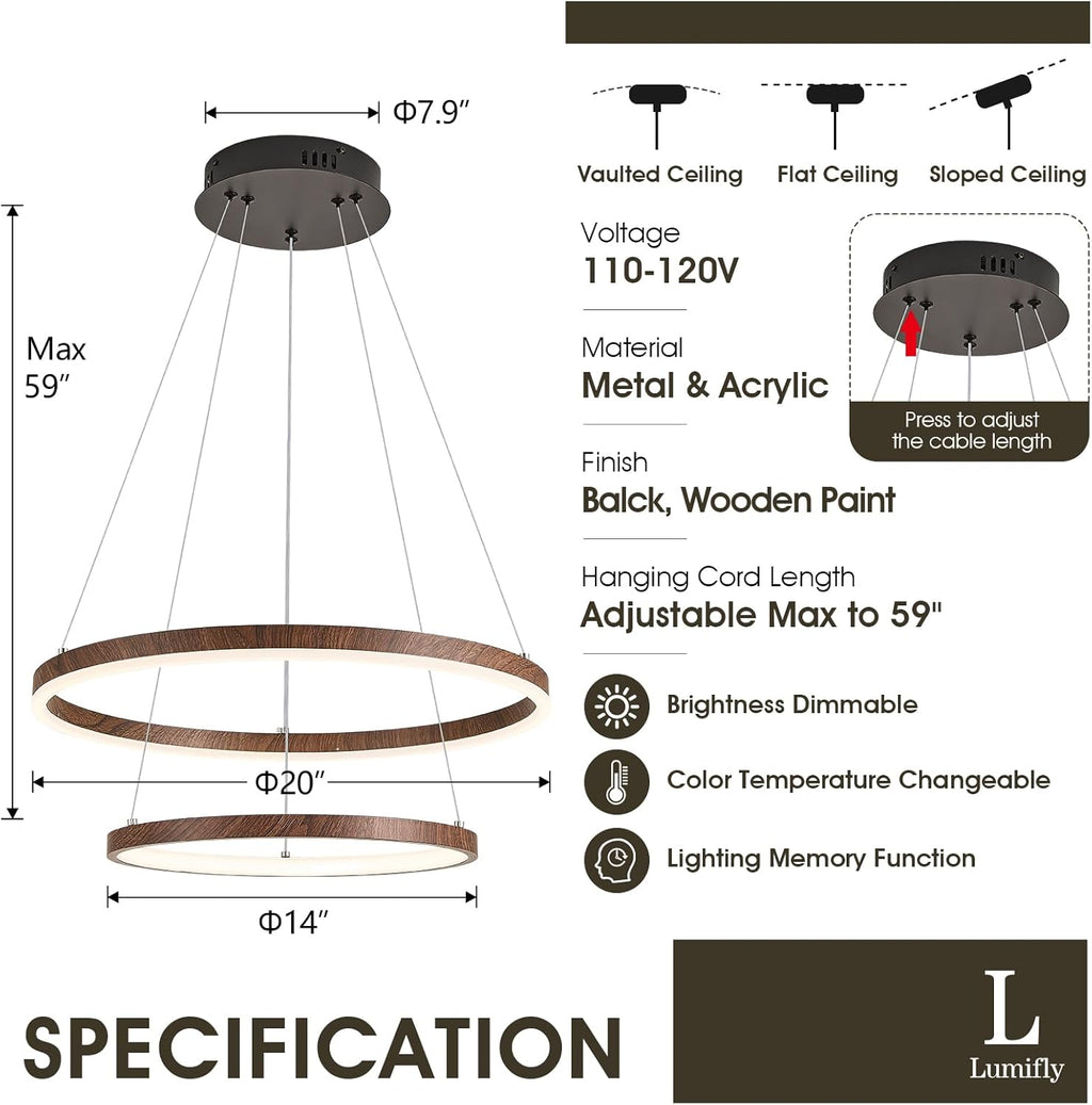 2 Rings Chandelier Modern LED Pendant Light for Dining Room Circular Round Chandelier Dimmable with Remote Wood Grain Hanging Ceiling Lights for Entryway Bedroom, 20 Inches 3000K-6500K