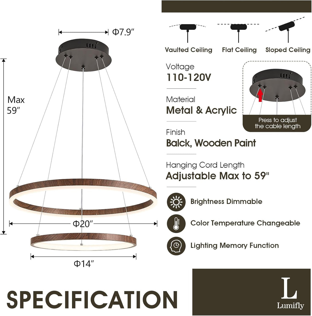 2 Rings Chandelier Modern LED Pendant Light for Dining Room Circular Round Chandelier Dimmable with Remote Wood Grain Hanging Ceiling Lights for Entryway Bedroom, 20 Inches 3000K-6500K