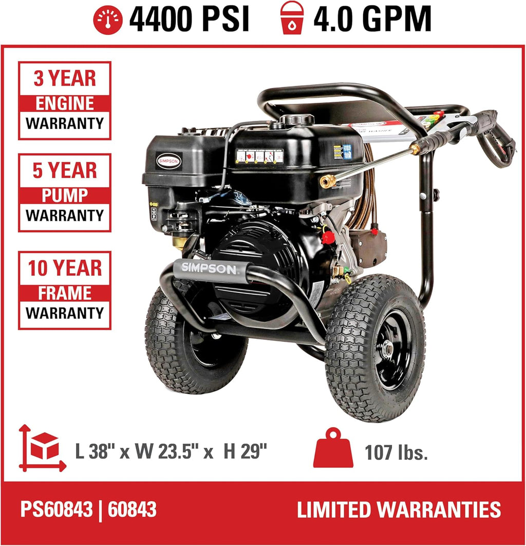 Simpson 4400 PSI Gas Pressure Washer, 4.0 GPM Commercial Power Washer, Cold Water, 50' Hose, PowerShot, 49-State Compliant (PS60843) - Black