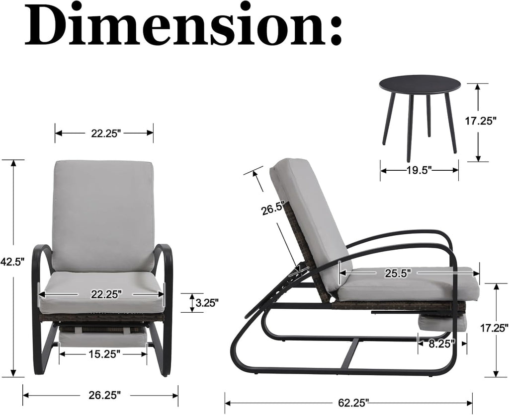 Outdoor Chaise Lounge Chairs Set with Table, 5-Position Adjustable Patio Recliner, Conversation Furniture for Deck, Lawn, Garden, Off-White