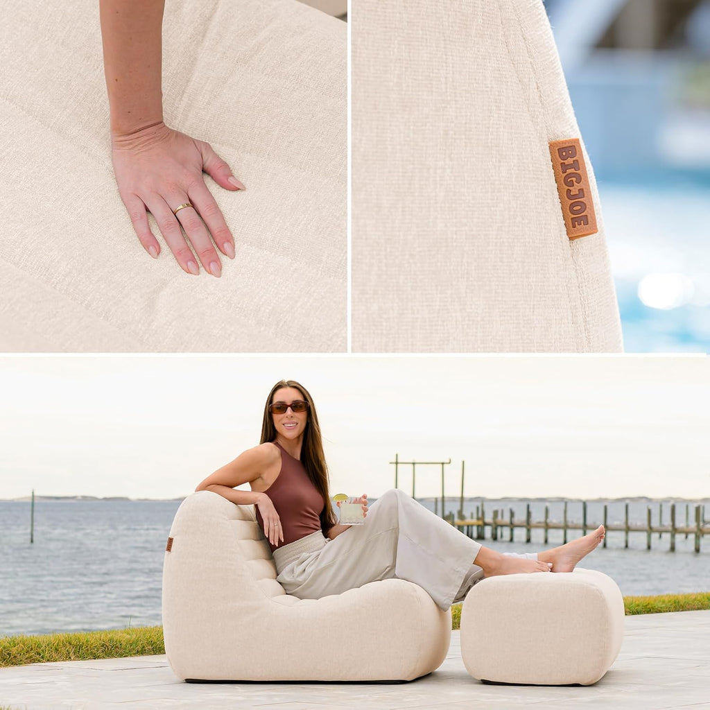 Big Joe Solvana Outdoor Lounge Chair and Ottoman, 2 Piece Patio Furniture Set, Performance Linen Weather-Resistant Fabric, Sunlit Cream
