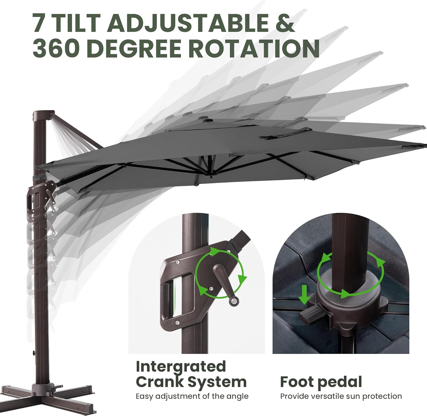 9' X 12' Cantilever Patio Umbrella Rectangular Outdoor Large Offset Umbrellas with 7 Tilts Adjustable 360°Rotation for Deck Pool Garden Backyard, Grey