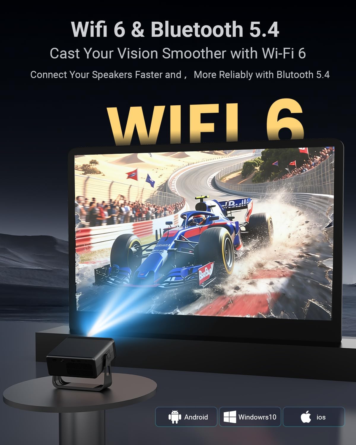 Smart Projector with Wifi and Bluetooth,Streaming Experience Built-in, Native 1080P FHD, 4k Support, 2*8W Speakers,AI Auto Focus & Keystone,Home Movie Portable Outdoor Mini Projector