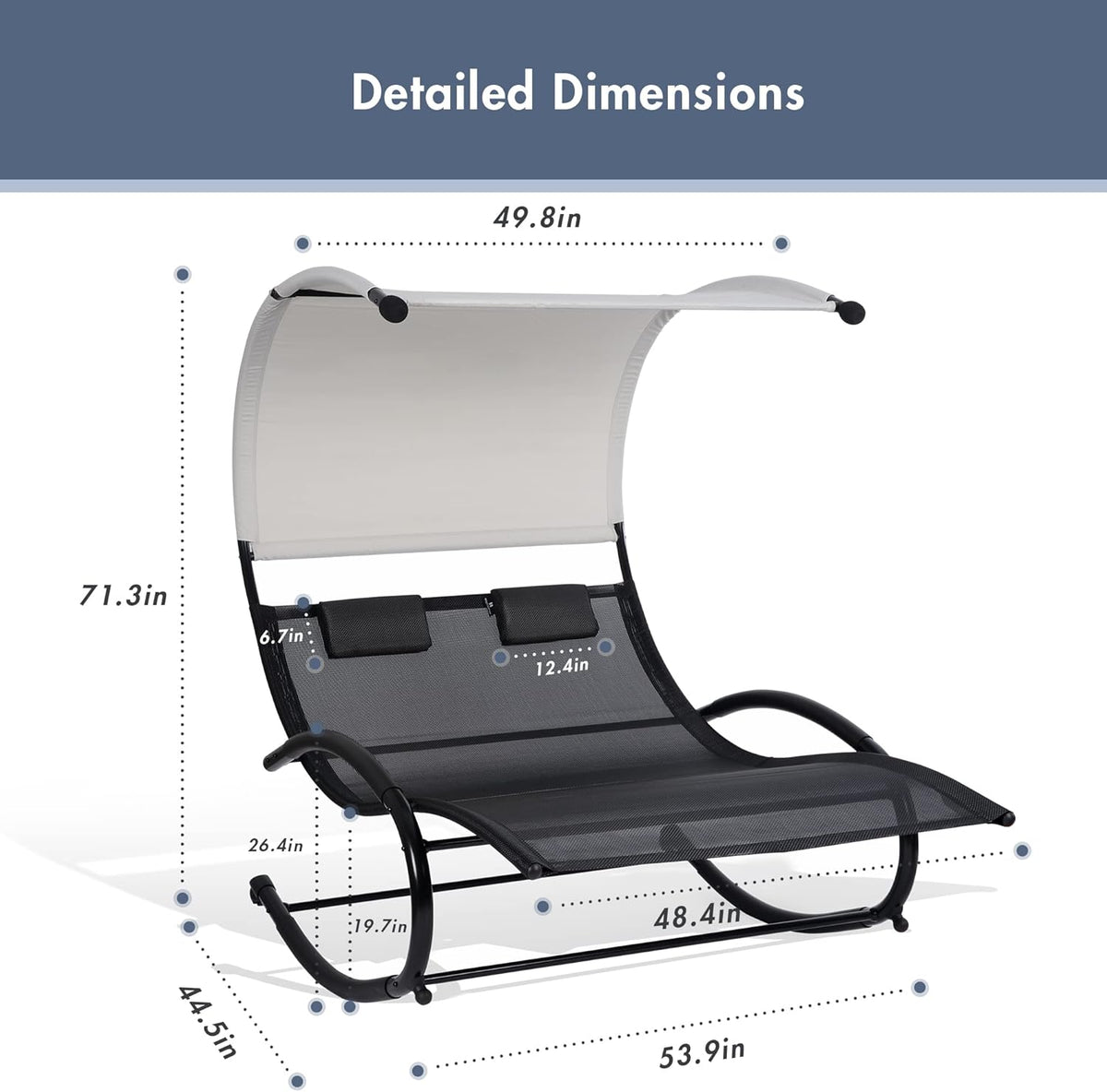Double Chaise Lounge, Outdoor Bed Lounger with Sun Shade & Wheels, Double Lounge Chair with Canopy & Headrest Pillows for Patio, Yard, Lawn, Black