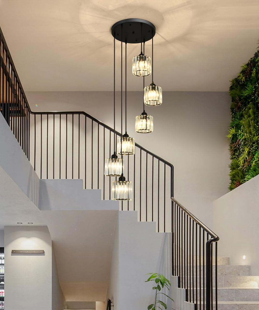 Long Chandeliers for High Ceilings,Modern Crystal Pendant Light,Raindrop Drop Lamp,Hanging Flush Mount Lighting Fixtures for Spiral Staircase,Foyer,Entryway,Living Room,Black (6 Lights)
