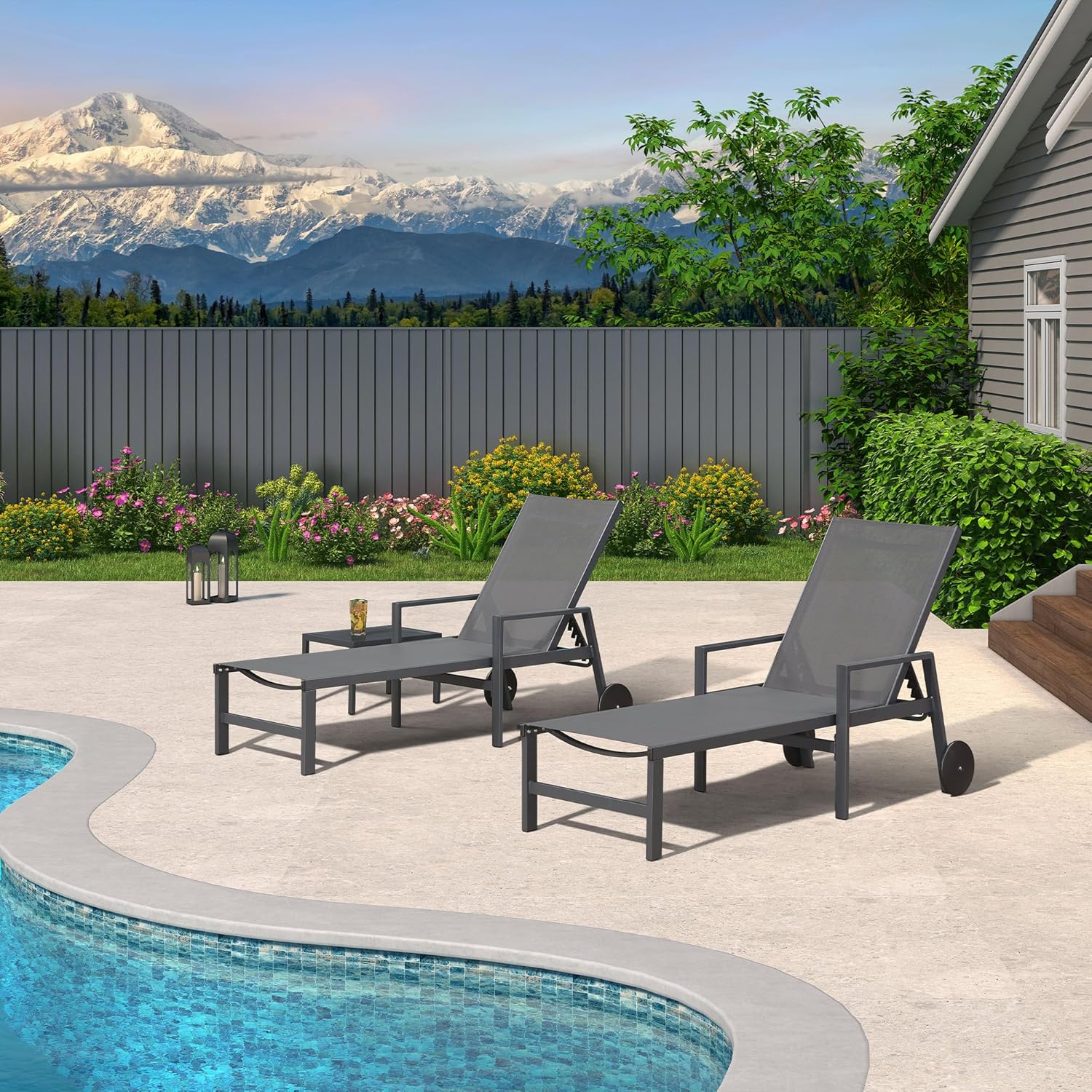 PURPLE LEAF 2 Pieces Outdoor Chaise Lounge Aluminum Patio Lounge Chair with Wheels and Armrests Outdoor Lounge Recliner Chair for Pool Backyard Beach Grey
