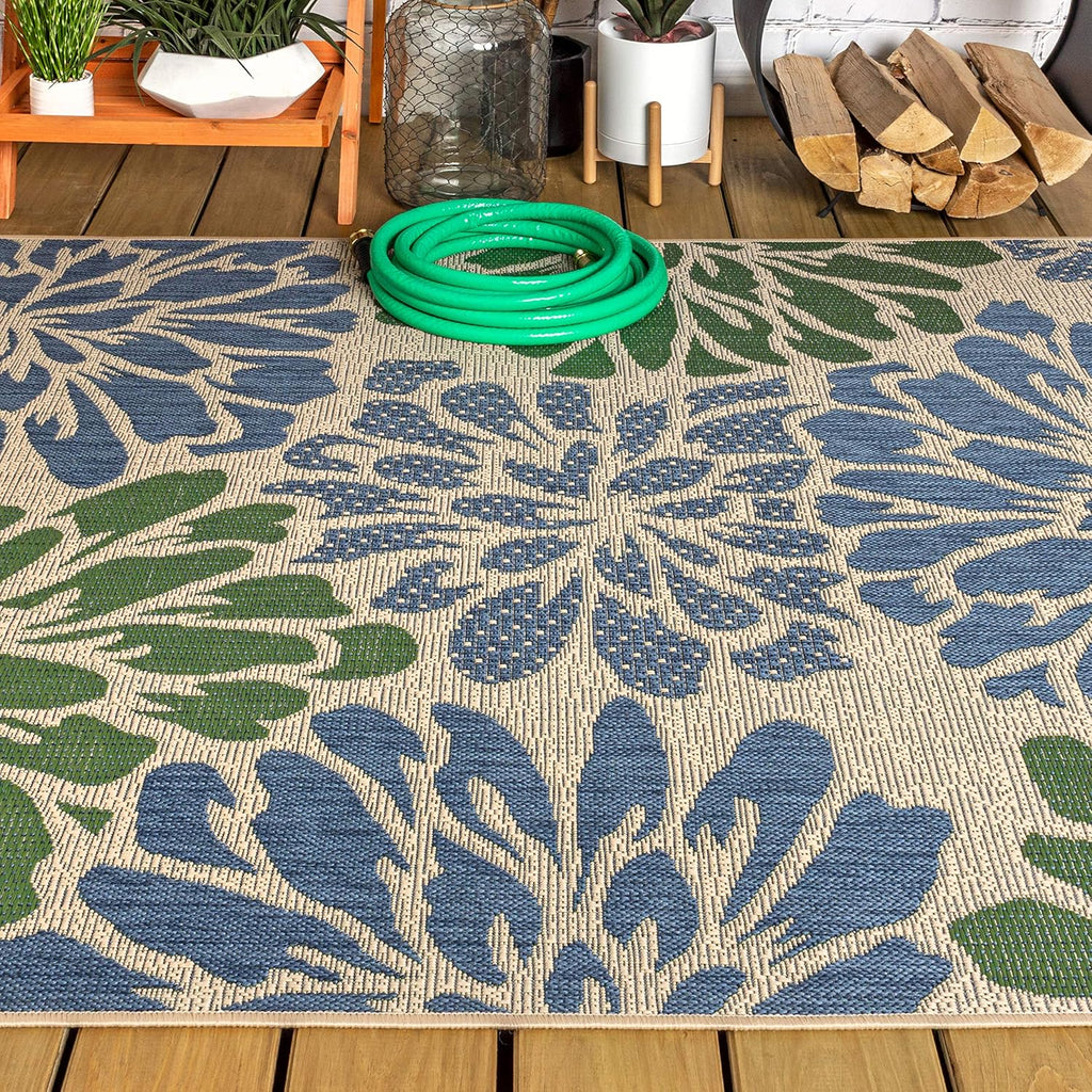 JONATHAN Y Floral Textured Weave Indoor Outdoor Area Rug 8X10 Navy/Green, Zinnia Modern for Backyard, Patio, Porch, Easy-Cleaning, High Traffic, Pet-Friendly, Non-Shedding (SMB110B-8)