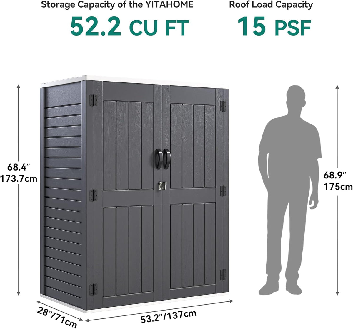 YITAHOME 59 cuft Vertical Outdoor Storage Shed w/o Shelf, 5.6 x 2.3 ft Lockable Resin Waterproof Tall Storage Cabinet, Suitable for Patio Furniture, Pool Accessories, and Garden Tools, Dark Gray