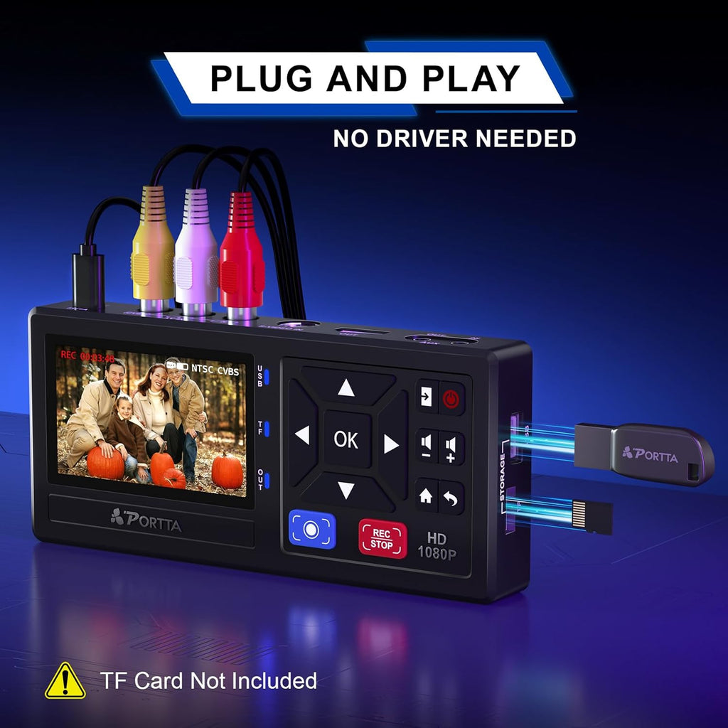 Portta VHS to Digital Converter with 128GB USB3.0 Flash Drive, Video to Digital Recorder, Compatible with VHS, VCR, DVR, DVD, Hi8, Mini DV, Gaming Consoles (VCR, VHS/DVD Player, Camcorder Required)
