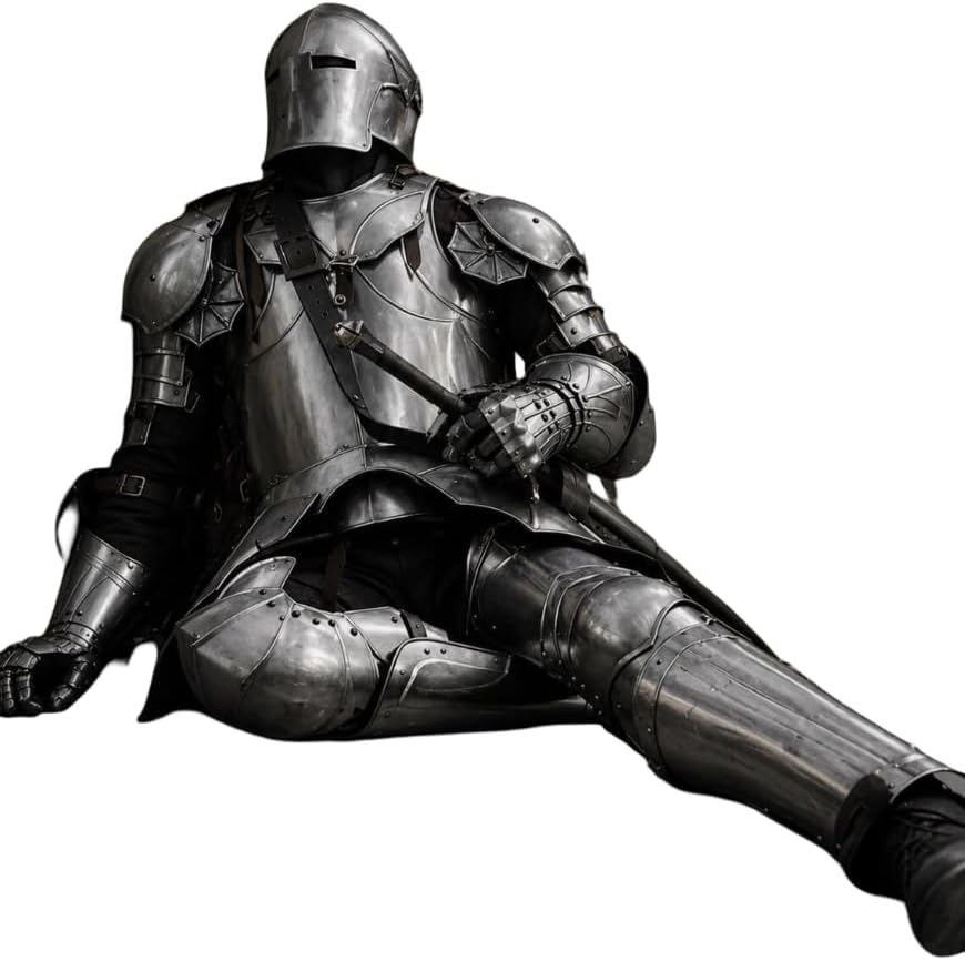 Medieval Steel Full Suit of Armor with Barbuta Helmet - Wearable 18 Gauge Steel Silver Costume Set for LARP, Theater, Cosplay, and Halloween (Full Body)