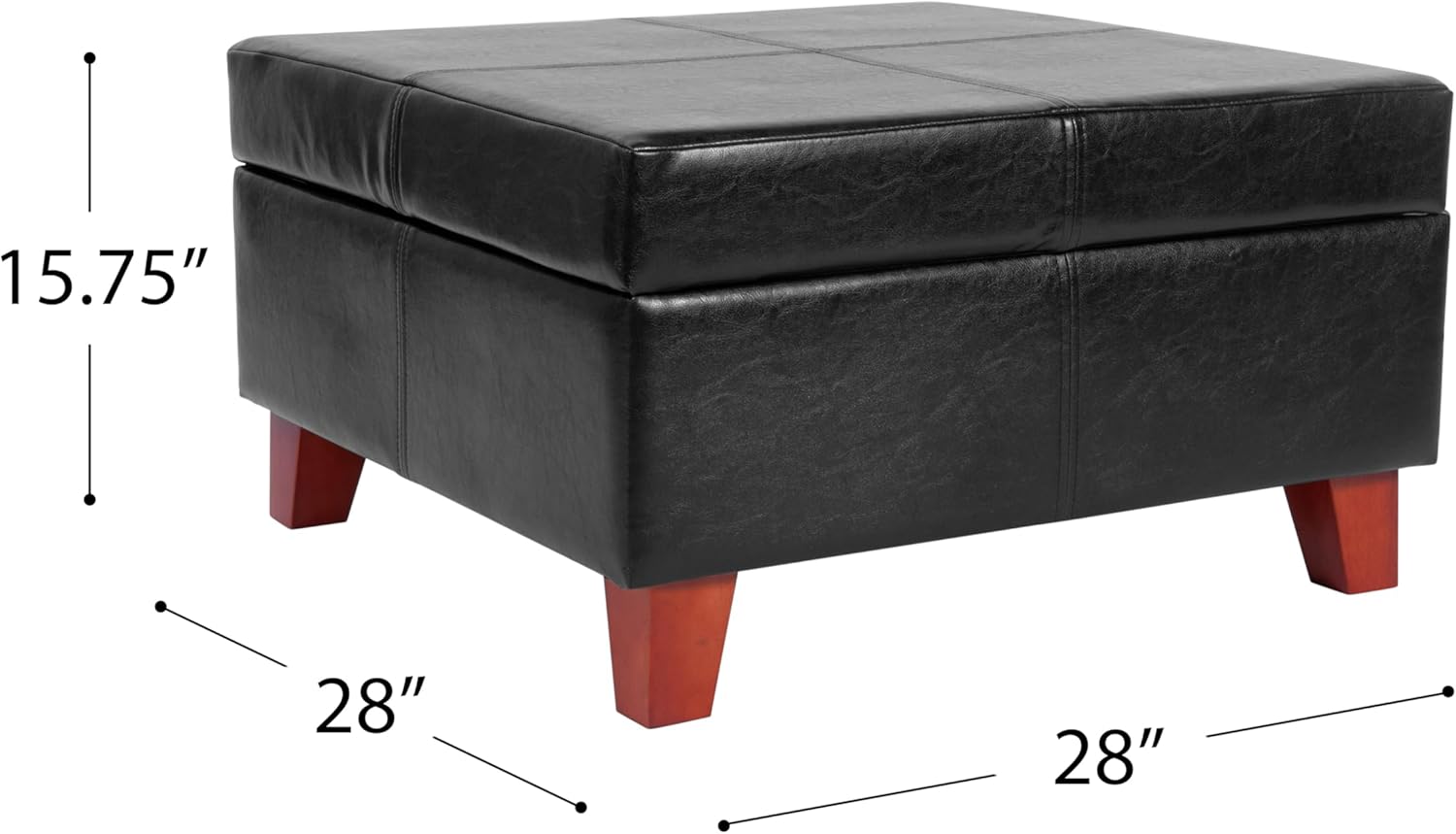 HomePop Faux Leather Square Storage Ottoman with Wood Legs, Black