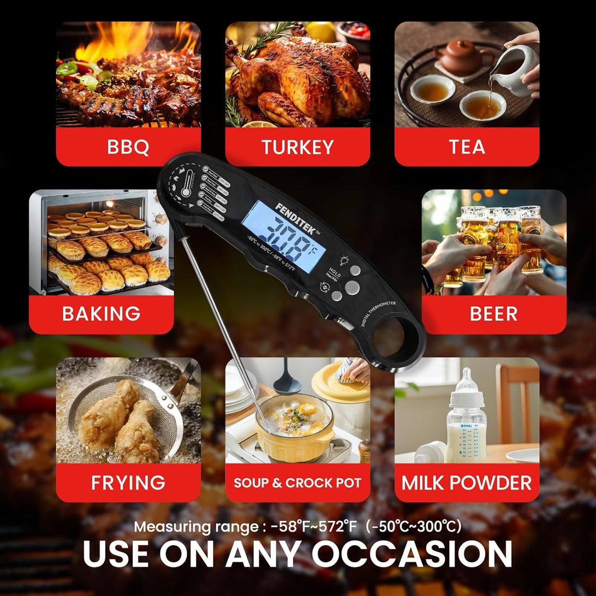 Digital Meat Thermometer, Waterproof Instant Read Cooking Thermometer with LCD Backlight, Magnetic Back for Kitchen, Baking, Sous Vide, Outdoor Grilling,Candy