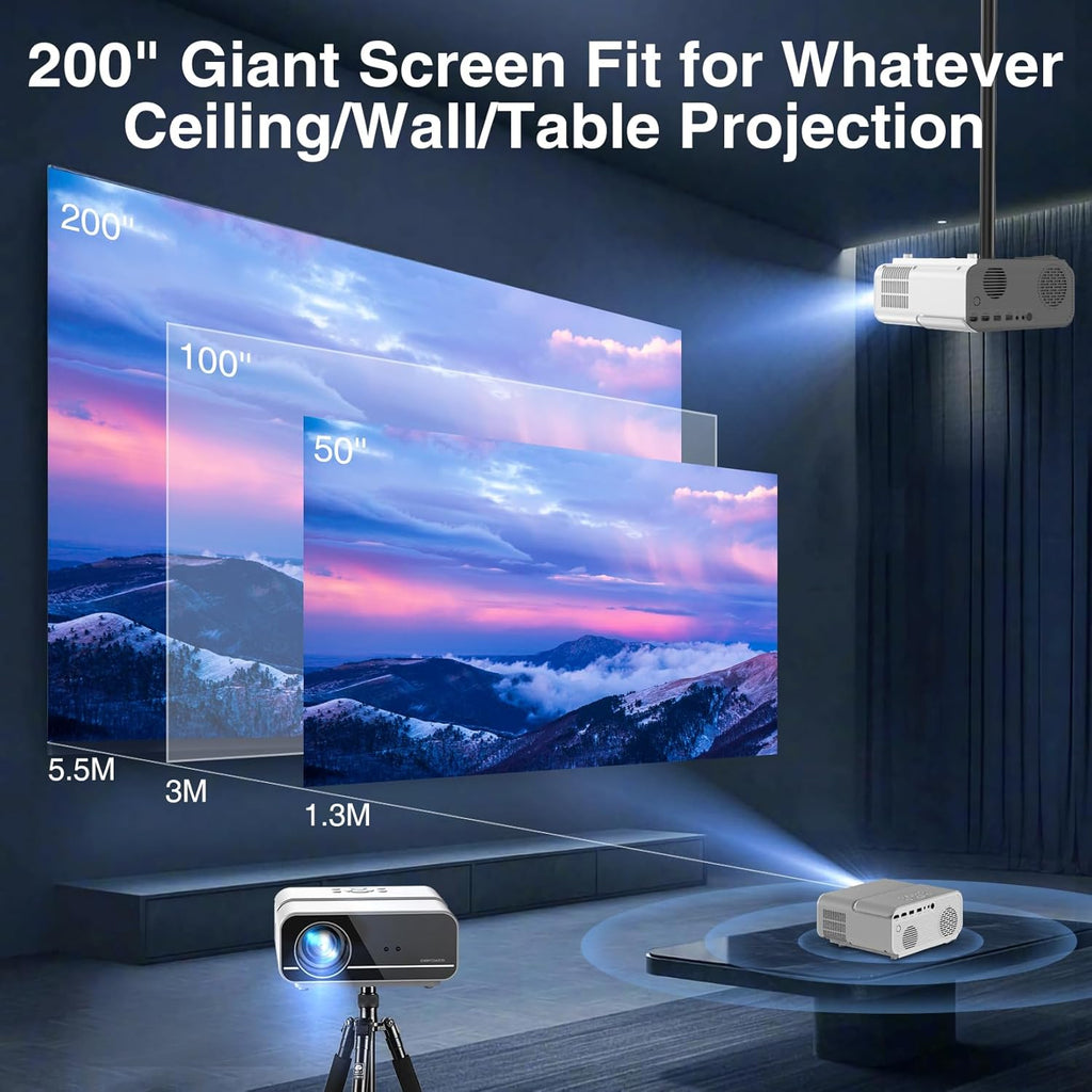 Auto Focus/4K Support Projector with WiFi and Bluetooth, Native 1080P Outdoor Movie Projector with Auto Focus/4P6D Keystone/50% Zoom/PPT, DBPOWER Portable Projector for iOS/Android/TV Stick