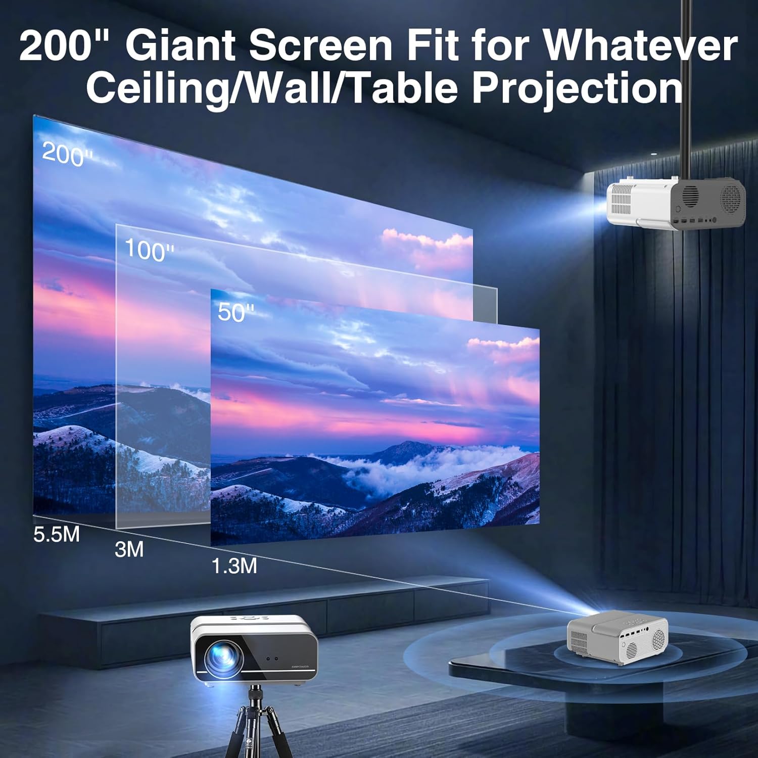 Auto Focus/4K Support Projector with WiFi and Bluetooth, Native 1080P Outdoor Movie Projector with Auto Focus/4P6D Keystone/50% Zoom/PPT, DBPOWER Portable Projector for iOS/Android/TV Stick