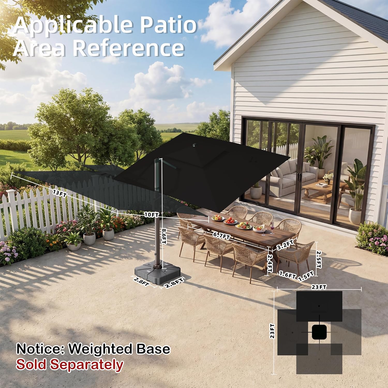 Deconk 10' X 13' Patio Umbrella with LED Lights Outdoor Cantilever Large Rectangle Offset Umbrellas Heavy Duty Aluminum Double Top with 360-degree Rotation for Pool Garden Deck, Black