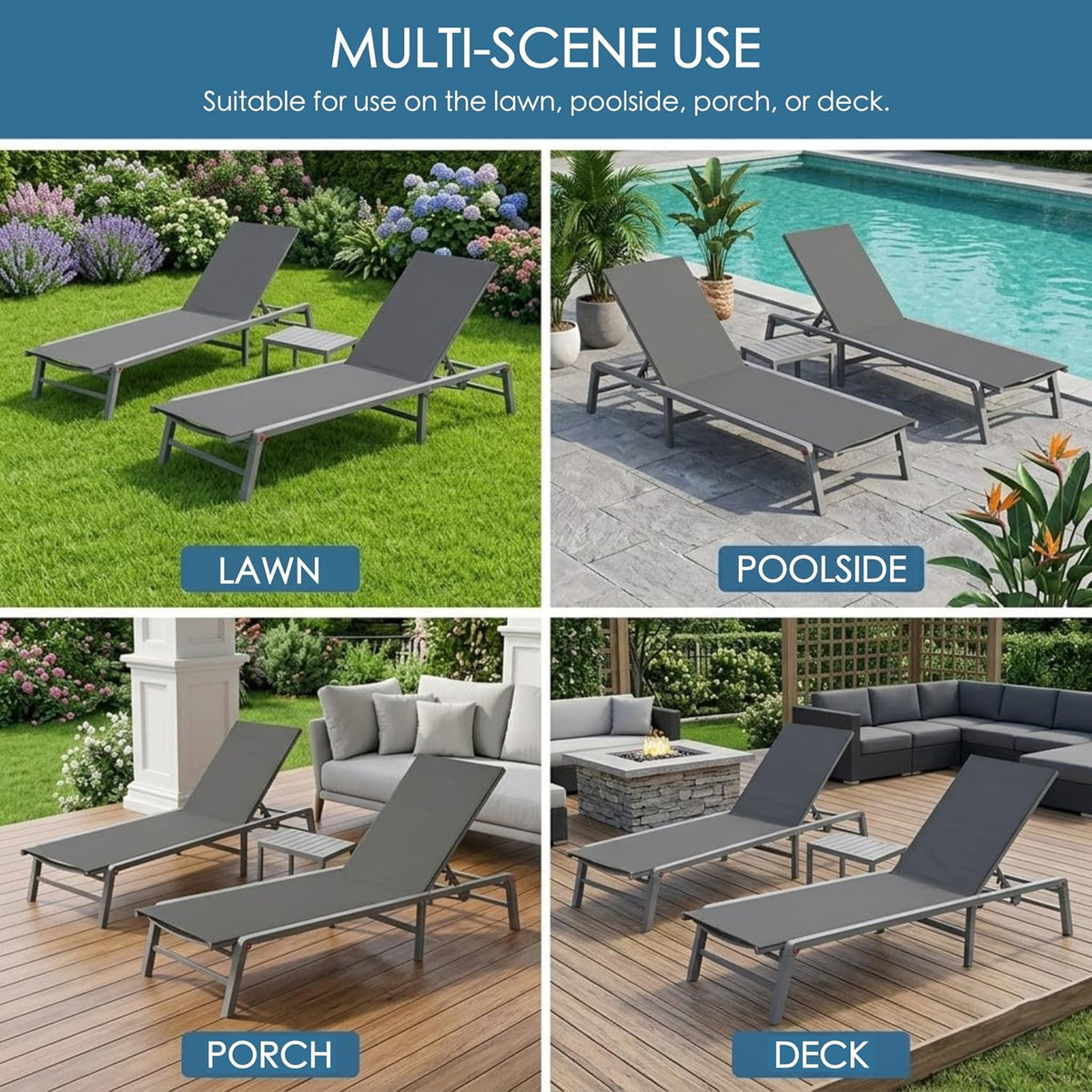 Kozyard 3-Pieces Patio Lounge Set, 2 Foldable Adjustable Lounge Chairs and Side Table, Aluminum Frame, Breathable Textilene Fabric, Assemble-Free, Reclining to Flat for Pool, Beach (Gray)
