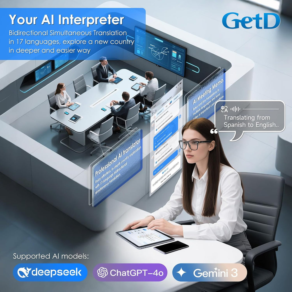 GetD AI Glasses for Men & Women, Smart Glasses Powered by ChatGPT, AI Real-time Translation with 145 Languages, 11H Music Play, Bluetooth Glasses with Anti-Blue Light Lens for Daily Use, Travel