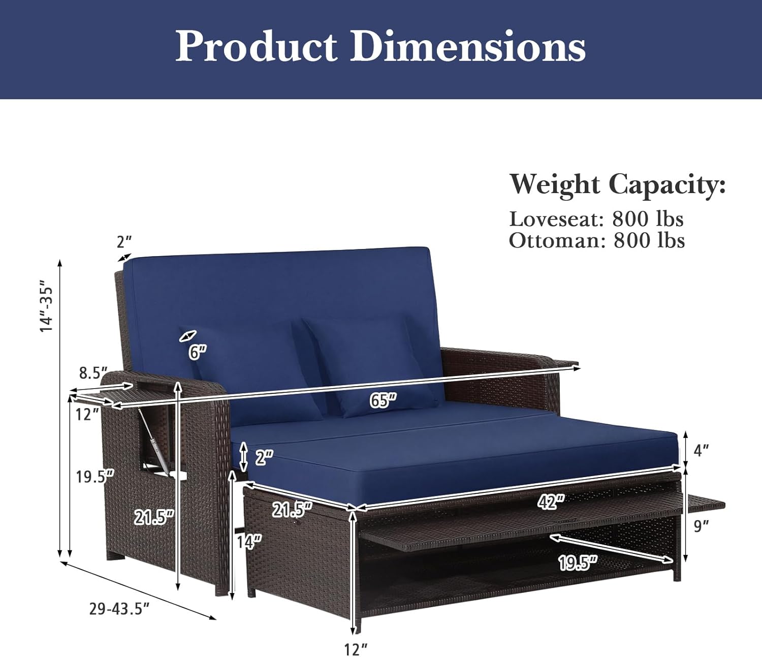 Tangkula Patio Rattan Daybed with 4-Level Adjustable Backrest, Outdoor PE Wicker Loveseat with Storage Ottoman & Folding Side Tray, Double Sunbed Lounger for Balcony, Backyard & Poolside, Navy & Brown