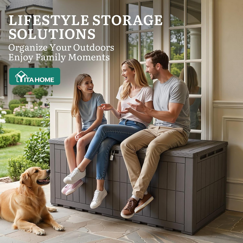 YITAHOME XL 200 Gallon Large Deck Box, Waterproof Resin Outdoor Storage Box with Lock and 3-Person Bench Seating for Patio Furniture Cushions,Garden Tools & Pool Accessories, Light Brown