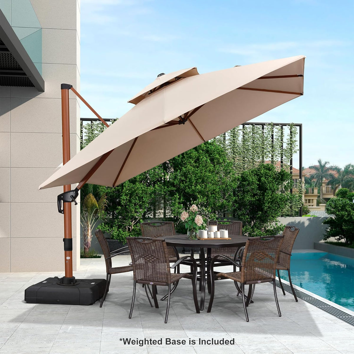 PURPLE LEAF 10ft Patio Umbrella with Base Outdoor Square Umbrella Large Cantilever Umbrellas Windproof Offset Heavy Duty Sun Umbrellas for Garden Deck Pool Patio, Beige