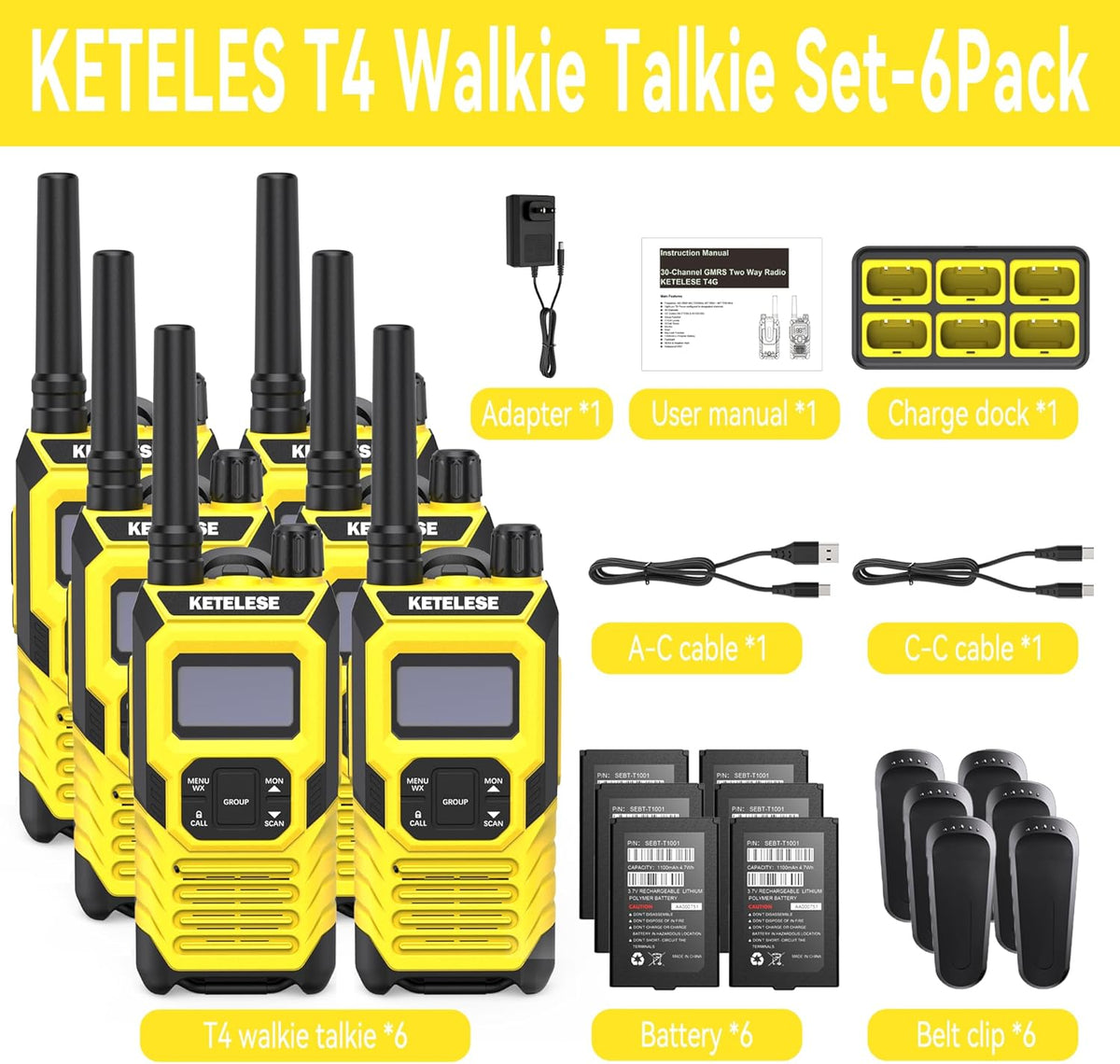 KETELESE T4 Two Way Radio with Earpiece and Mic, FRS 22 Channel Walkie Talkie Long Range, IP67 Waterproof Walkie Talkies, Weather Alert, PTT Group, VOX, Yellow, 6Pack