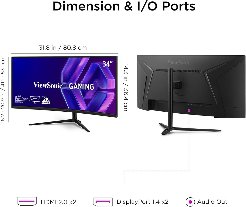 ViewSonic VX3418C-2K 34 Inch UltraWide QHD 1440p Curved Gaming Monitor with 180Hz, 1ms, 21:9, Advanced Ergonomics, FreeSync Premium, HDR10, HDMI, and DisplayPort Inputs (Renewed)
