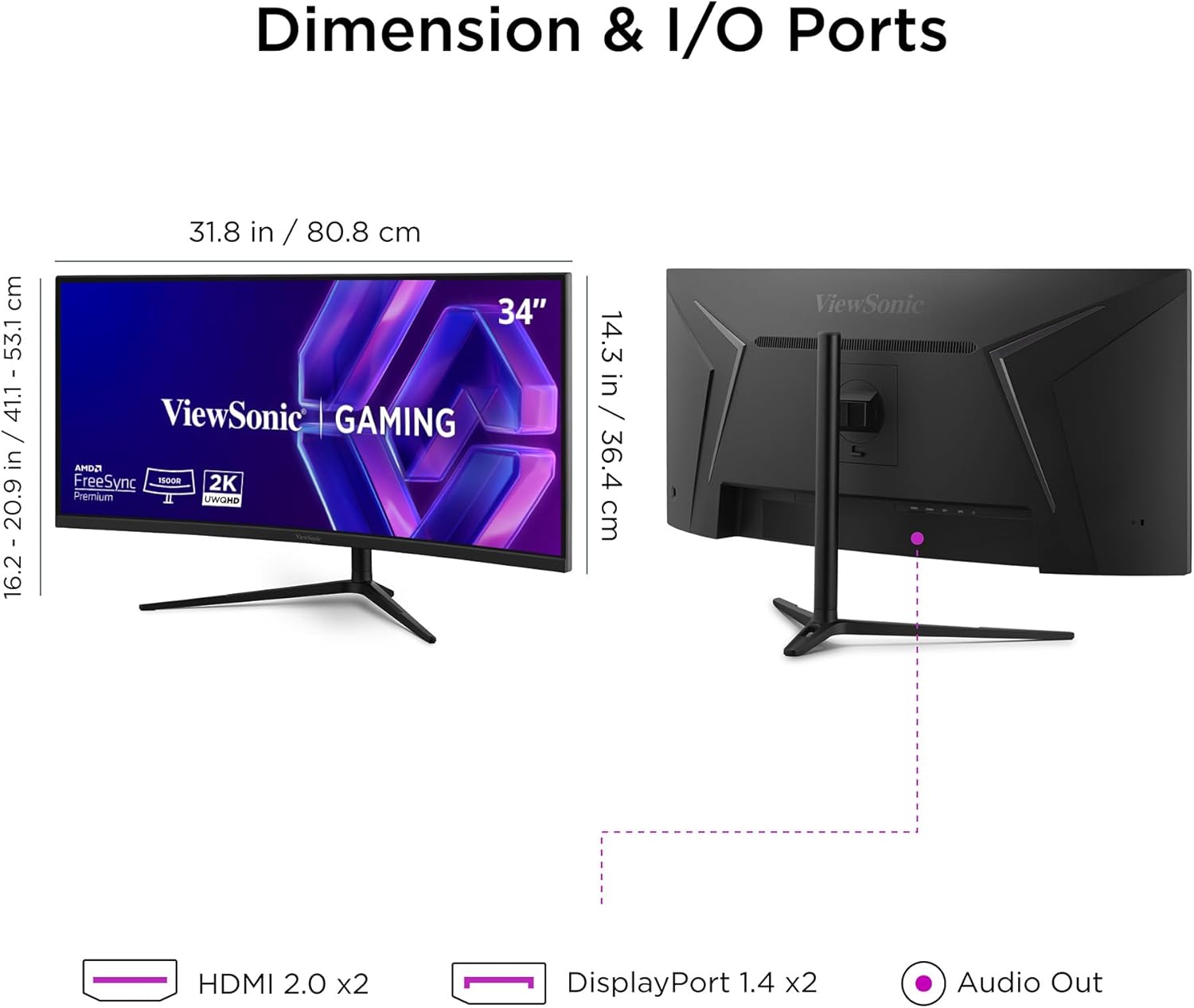 ViewSonic VX3418C-2K 34 Inch UltraWide QHD 1440p Curved Gaming Monitor with 180Hz, 1ms, 21:9, Advanced Ergonomics, FreeSync Premium, HDR10, HDMI, and DisplayPort Inputs (Renewed)