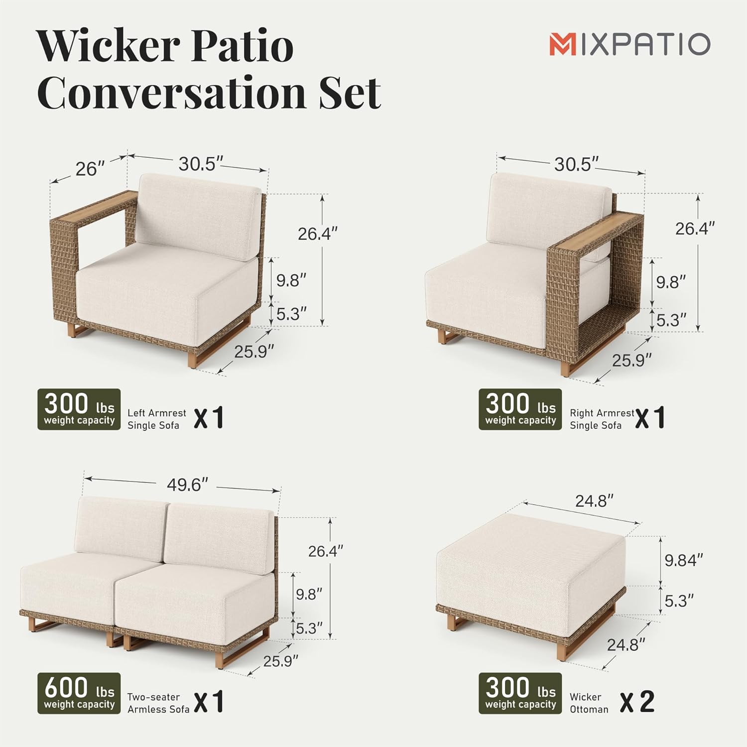 MIXPATIO Patio Sectional Furniture Set, 6 Piece Outdoor Wicker Sofa Couch Set, Yellow Rattan Modular Outdoor Conversation Sets with 10" Extra Thick Cushions, Low Profile Lawn Deck Garden Furniture