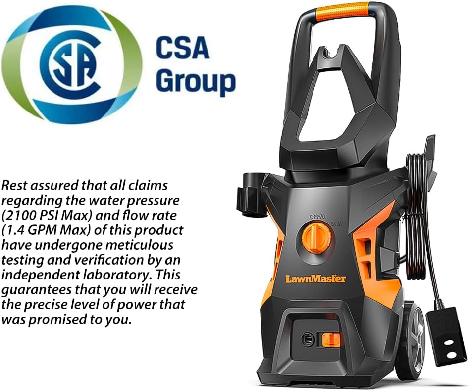 LawnMaster LT306-1800C Electric Pressure Washer 13 Amp 1.4 GPM 2100 Max PSI CSA Certified with Foam Bottle