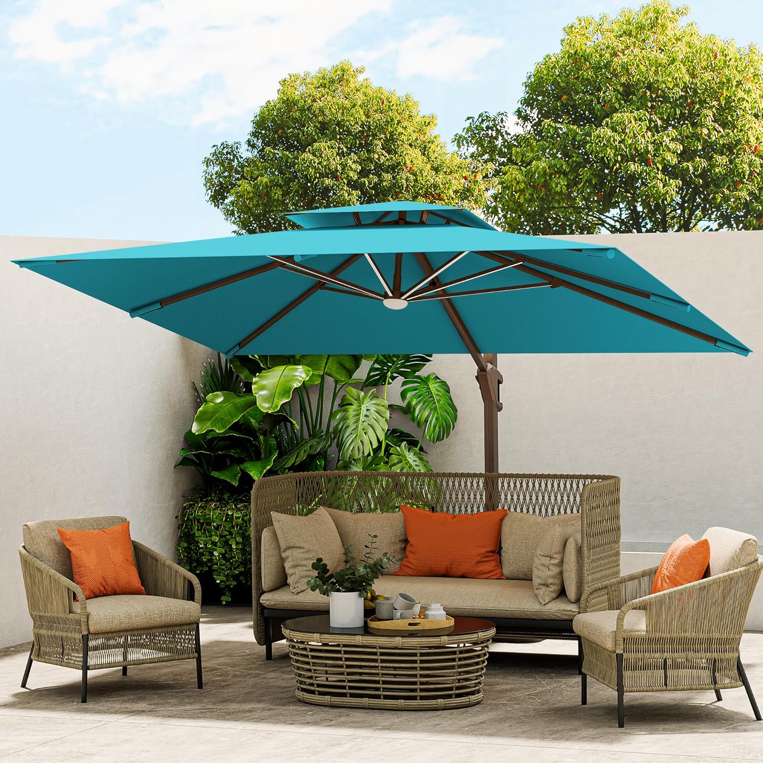10 X 13 FT Cantilever Outdoor Patio Umbrella with LED Lights Large Heavy Duty 360° Rotation Double Top Offset Rectangular Umbrellas for Backyard Garden Pool Outside Deck, Turquoise