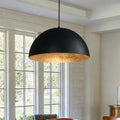 15 Inch Black and Gold Leaf Pendant Light, Grainy Matte Black Dome Chandelier with Hand-Applied Gold Leaf Interior, E26 Socket for Kitchen Island, Dining Room, or Bar