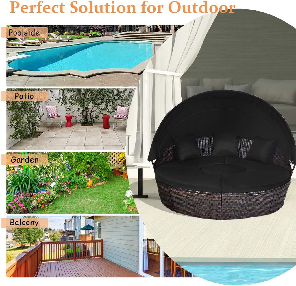 Tangkula Patio Round Daybed with Retractable Canopy, Outdoor Wicker Rattan Furniture Sets, Sectional Cushioned Sofa Set w/Height Adjustable Coffee Table, Rattan Conversation Sets (Black)