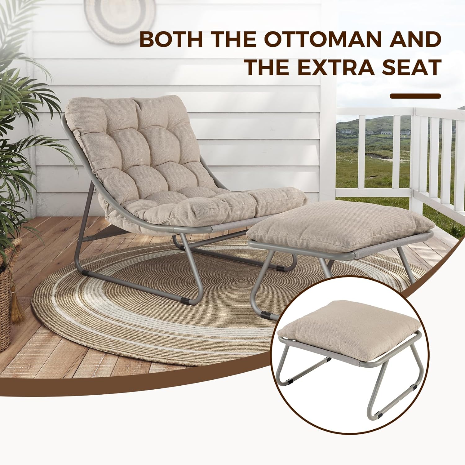 Grand patio Outdoor Lounge Chair with Foot Stool, Comfy Sling Recliner Chair with Puffy Cushion and Foot Rest, Modern Patio Furniture Set for Porch Deck Garden, Champagne Gray