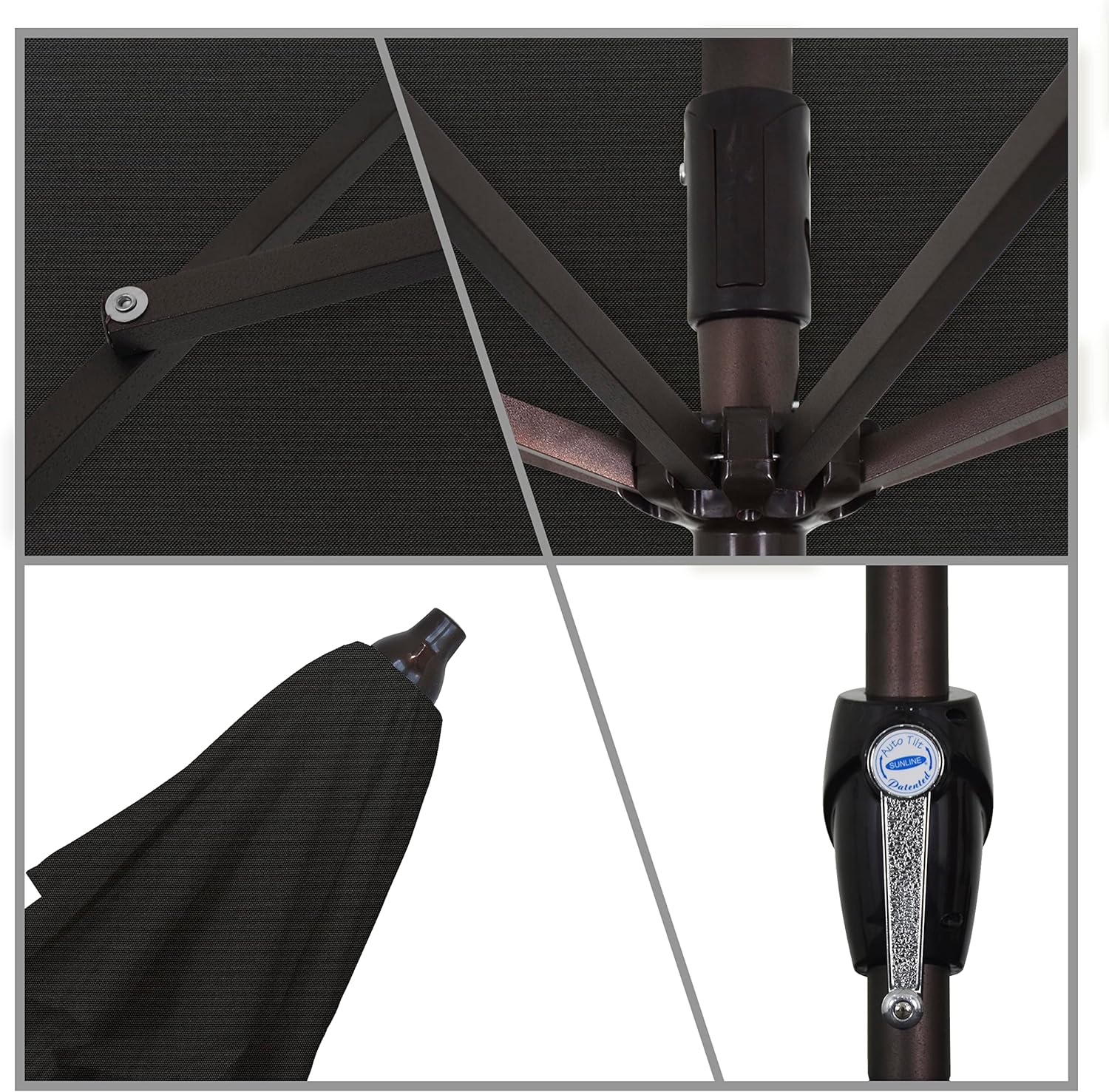 California Umbrella 12-Year Protection 9-Ft Outdoor Patio Umbrella, Sunbrella Fade-Resistant Acrylic Fabric, Auto Tilt and Crank, Heavy-Duty Aluminum Frame/ Reinforced Ribs, Bronze Pole, Black