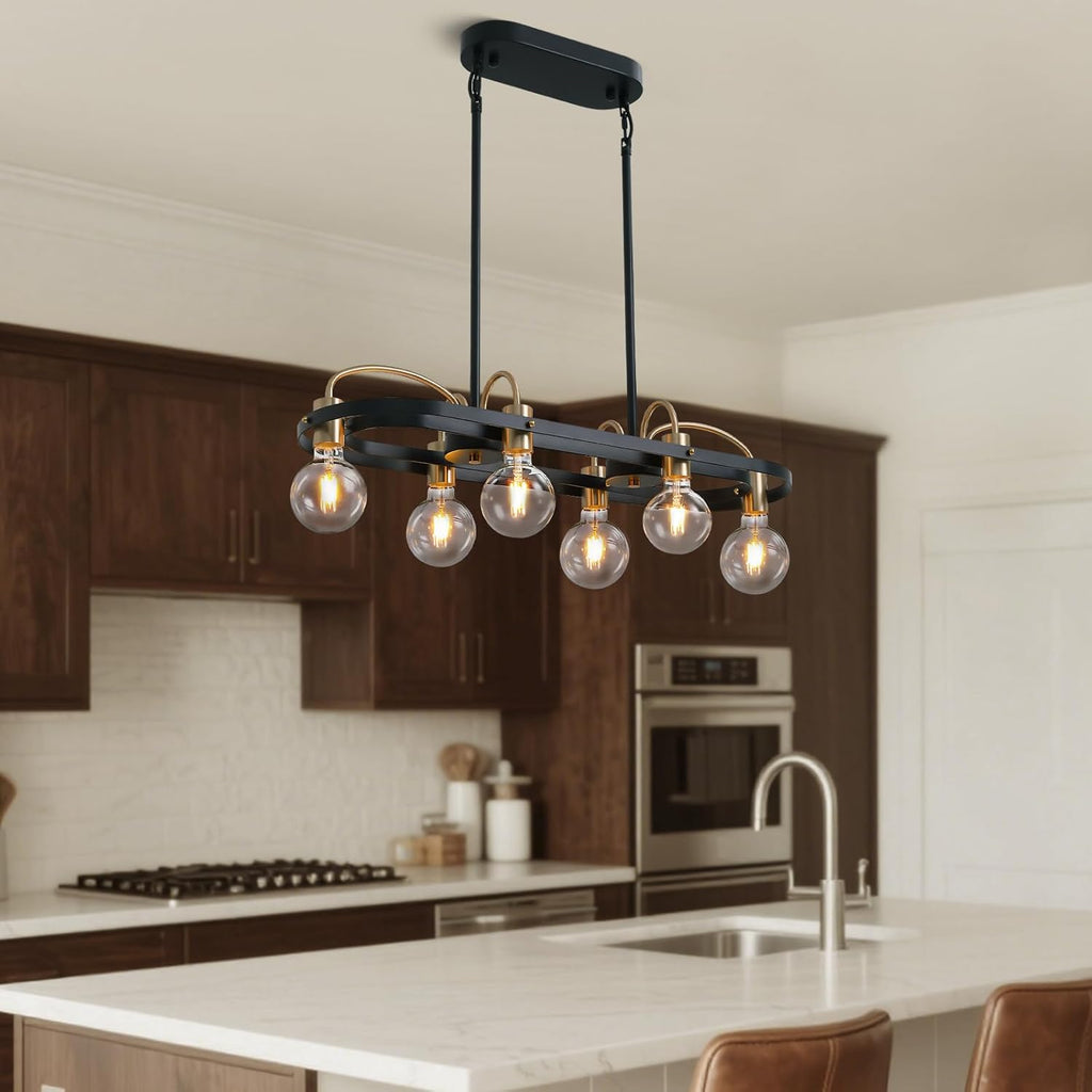 6 Lights Rectangular Chandelier, Black and Gold Linear Chandelier Rectangle Pendant Light Fixture, Modern Chandeliers for Kitchen Island Dining Room Over Table L-30''