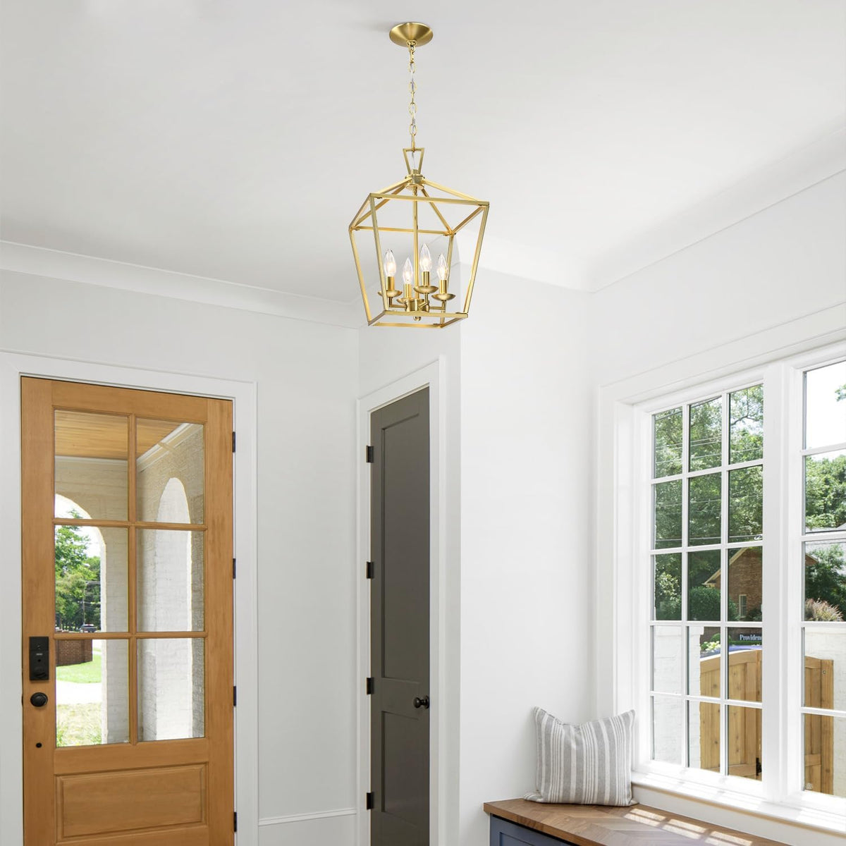 Untrammelife Gold Lantern Chandelier 4-Light Pendant Light Modern Hanging Pendant Light Fixtures in Brushed Brass Finish, Adjustable Metal Chain Geometric Chandelier for Kitchen Island Stair Foyer