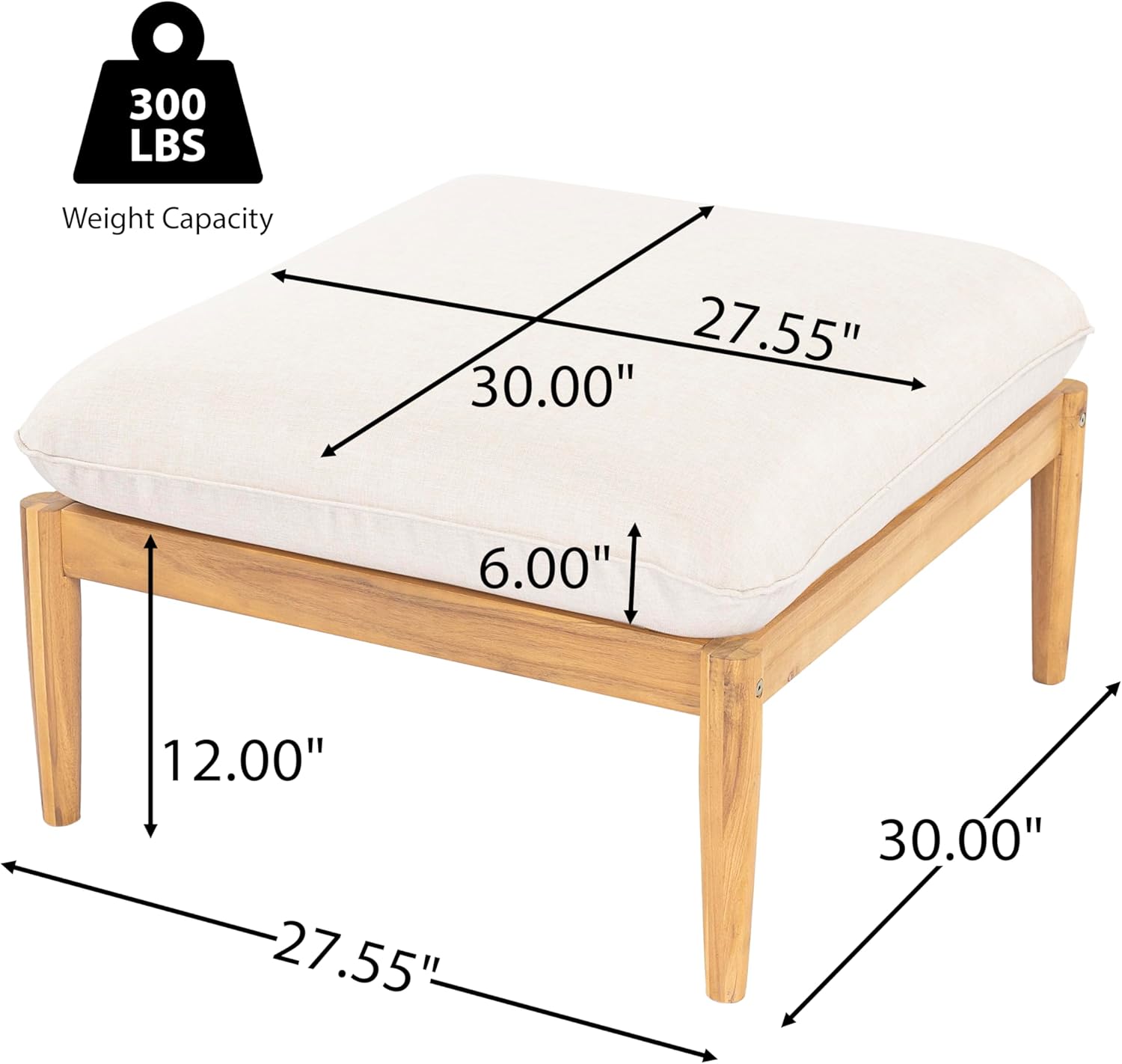 Christopher Knight Home Terassi Indoor/Outdoor Ottoman with Cushion, Acacia Wood Patio Ottoman, Outdoor Foot Stool for Patio Furniture Set, Versatile Stools for Balcony/Garden/Porch, Beige+Light Teak