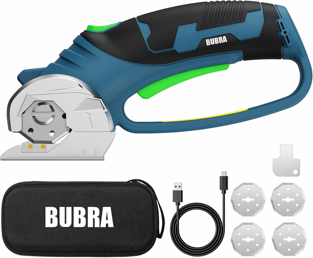 BUBRA Cordless Electric Scissors for Cardboard, Fabric & Carpet, 4V Rechargeable Electric Box Cutter Cuts up to 1/3", Includes 4 Blades and Key, Safety Lock & LED Light