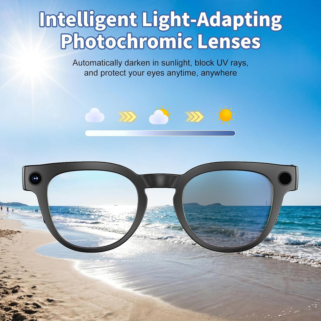 AI Smart Glasses with 8MP Camera ,Photo Capture,4K Video ,Real Time Translation, Recording,GPT Identify Objects, Open-Ear Audio,Photochromic Lenses Bluetooth Wearable tech Glasses for Travel Vlog Work