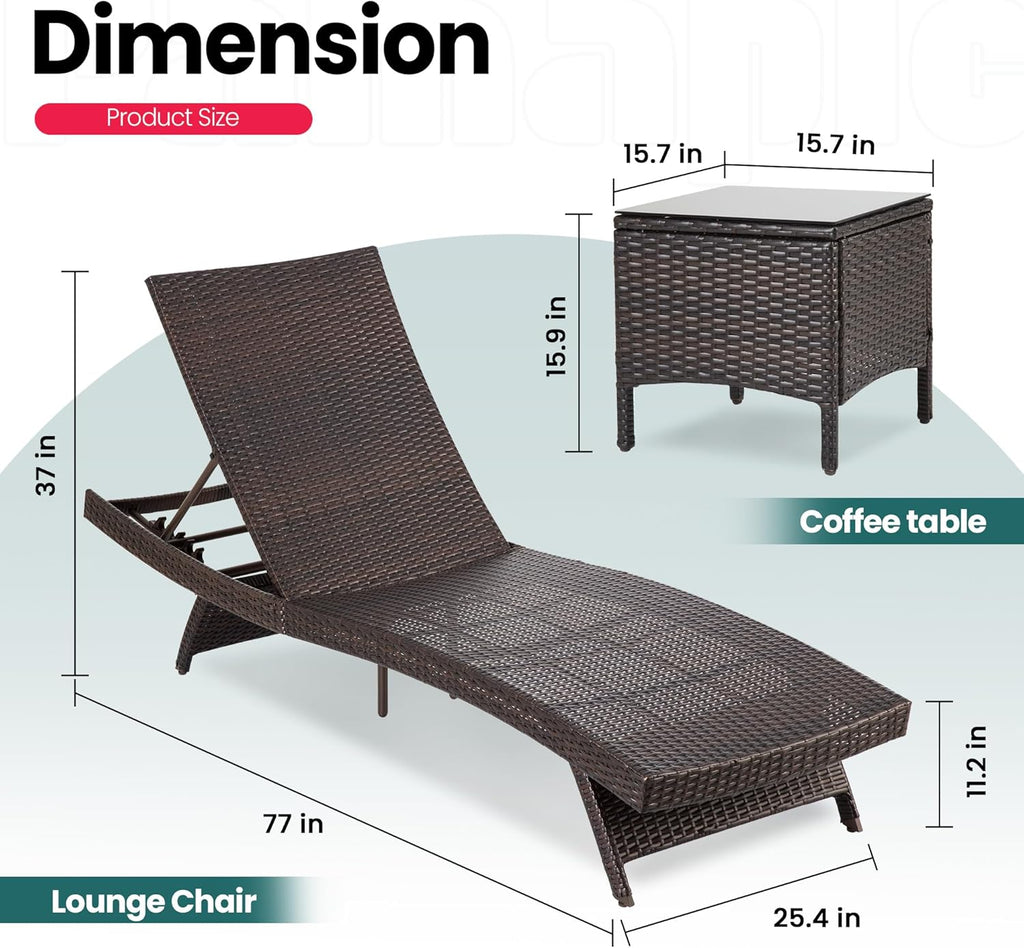 Pamapic Patio Chaise Lounge Set 3 Pieces with Adjustable Backrest and Removable Cushion, Outdoor Pool Chair for Patio Poolside Backyard Porch