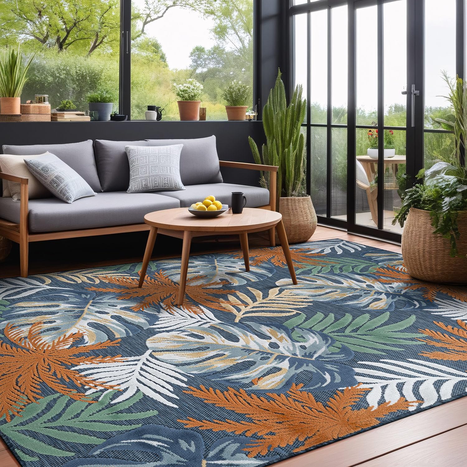 Luul Home Floral Indoor Outdoor Rugs 9x12 Large Area Rug for Living Room, Patio Decor, Kitchen, and Entryway Rug, Washable Stain Resistant Outside Carpet Midnight 9 x 12