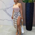 Women Elegant Plaid High Waist irregular Buttons Design Slit Long Skirts