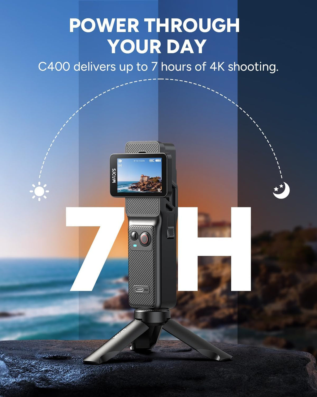SJCAM C400 4K YouTube Creator Vlogging Camera,7H Battery Handle,3-in-1 Handheld Wearable Travel Camera with 2.29" Touchscreen, 6-Axis Stabilization,30M Waterproof Camara para grabar contenido