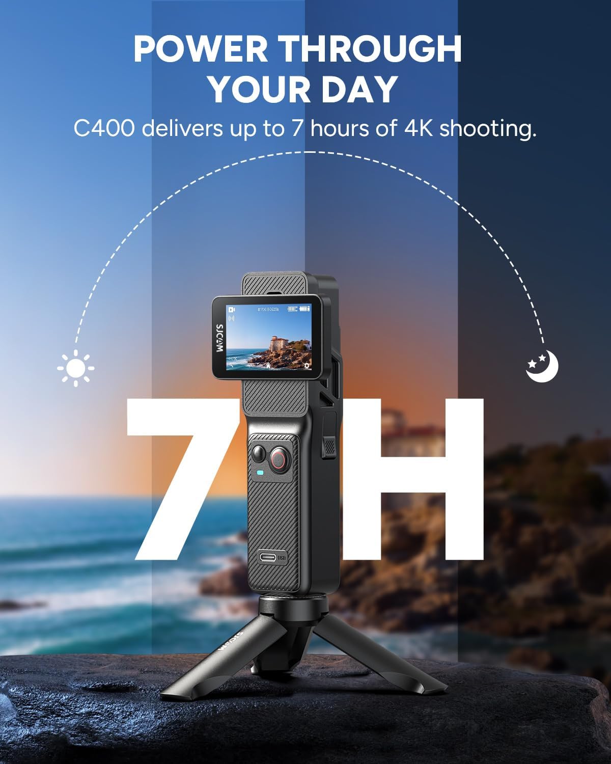 SJCAM C400 4K YouTube Creator Vlogging Camera,7H Battery Handle,3-in-1 Handheld Wearable Travel Camera with 2.29" Touchscreen, 6-Axis Stabilization,30M Waterproof Camara para grabar contenido