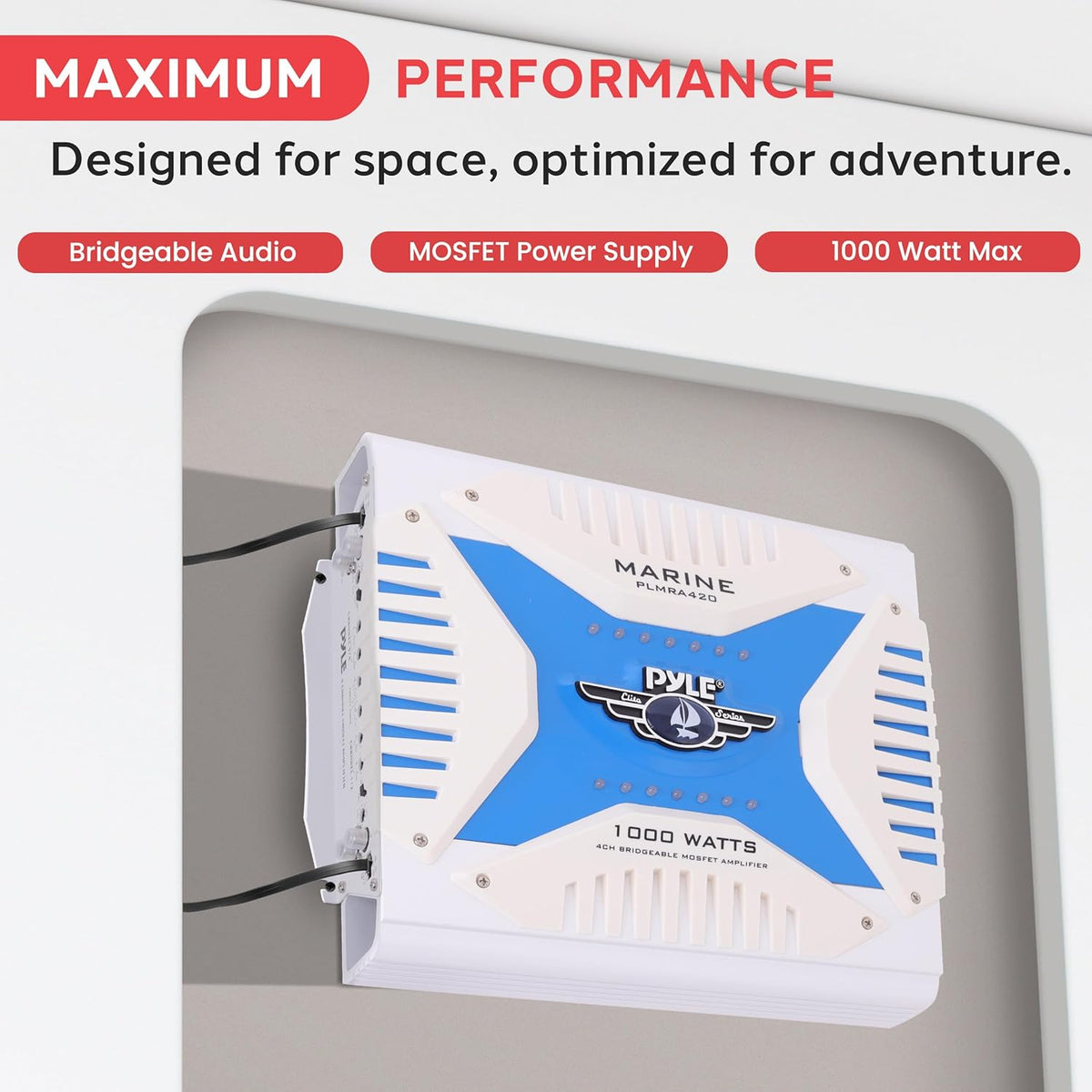 Pyle Hydra Marine Amplifier - Upgraded Elite Series 1000 Watt 4 Channel Bridgeable Amp Tri-Mode Configurable, Waterproof, MOSFET Power Supply, GAIN Level Controls and RCA Stereo Input - PLMRA420